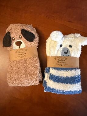 Plush Animal Fuzzy Socks - Bear and Dog - Cream, Blue, Brown